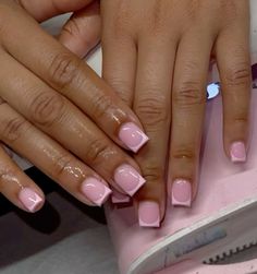 Short Baby Pink French Tip Nails, Short Pink Set Nails, Short Nail Set Ideas Simple, Pastel Pink French Tip Nails, Pretty Pink Nails Short, Short Cute French Tip Nails, Pink Overlay Nails, Cute Short Nail Sets Pink, Cute Overlay Nails