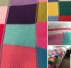 four photos of different colors of yarn on a bed and the same blanket is crocheted