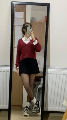 white shirt under red sweater black skirt black tights with white socks black converse White Shirt Under Sweater, Shirt Under Sweater Outfit, Red Sox Outfit, Shirt Under Sweater, Black Skirt Outfits, Sock Outfits, Black Converse, Winter Outfit Inspiration, White Socks