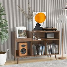 a living room with a book shelf, plant and pictures on the wall behind it