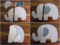 four pictures of the same elephant cut out and placed on top of each other to make it look like they are made from fabric