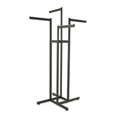 a black metal rack with three poles and two hooks on each side, in front of a white background