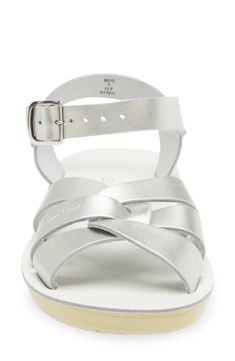 A buckle-embellished strap extends the breezy, beach-ready style of a lightweight and versatile everyday sandal. Adjustable strap with buckle closure Leather upper and lining/synthetic sole Imported Kids' Shoes Adjustable Fit Sandals With Straps For Summer, Closed Toe Sandals For Swimming In Summer, Silver Sandals With Buckle Closure For Summer, Beach Sport Sandals With Buckle Slide, Beach Sport Sandals With Buckle Closure And Round Toe, Beach Sport Sandals With Adjustable Ankle Strap, Beach Sport Sandals With Buckle Closure, Beach Slide Sport Sandals With Buckle Closure, Slide Sport Sandals With Buckle Closure For Beach