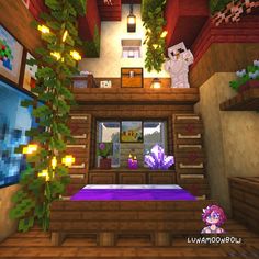 a bedroom in the minecraft house with plants on the ceiling