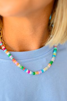 Add a pop of color to your outfit with our Rainbow Necklace Luxe - Confetti Gemstone! This on trend necklace stack features vibrant gemstones, so unique, making it a best seller with five stars. Stand out and be the envy of others with this playful and stylish piece. Product Details: 16" lobster claw 2" extender Trendy Gemstone Bead Jewelry, Trendy Everyday Gemstone Beads Jewelry, Trendy Multicolor Single Strand Jewelry, Trendy Rainbow Round Beads Jewelry, Trendy Rainbow Round Bead Jewelry, Playful Multicolor Jewelry For Everyday Wear, Trendy Gemstone Beaded Necklaces For Gifts, Trendy Beaded Necklace With Gemstone Beads For Gift, Trendy Gemstone Beaded Necklaces As Gift