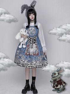 Wonderland Costumes, Style Kawaii, Jumper Skirt, Vintage Gothic, Suspender Dress, Sweet Lolita, Blue Bow, Gothic Lolita