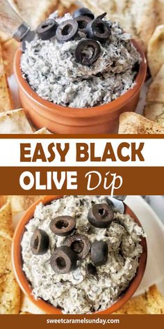 Dip with black olives in a small brown bowl with text written between 2 images. Black Olive Dip Recipe, Olive Appetizer Ideas, Black Olive Dip, Dips Ideas, Black Olives Recipes, Olive Recipes Appetizers, Olive Appetizer