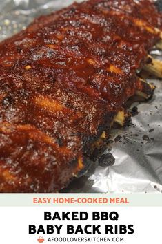 baked bbq baby back ribs on foil with text overlay