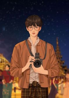 a man with glasses holding a camera in front of a night sky filled with stars