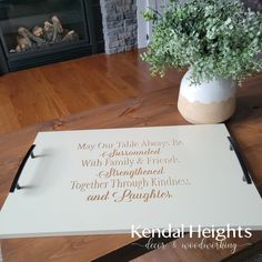 a wooden table with a sign on it