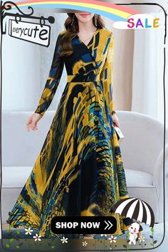 Long Sleeve Waist Printed V-neck Maxi Dress Dresses By Length, Beautiful Hijab, Long Maxi Dress, Women's Fashion Dresses, Customer Support, Long Dress, Fashion Dresses, Fast Delivery, Maxi Dress