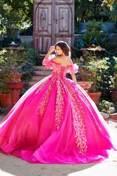 Quinceañera | Hot Pink Sequin Ruffle Glittering Ballgown Quince Dress Hot Pink Quince, Hot Pink Quinceanera, Hot Pink Quinceanera Dresses, Iridescent Sequin Dress, Pink Quinceanera Dresses, Pink Quinceanera, Pink Quince, Flower Girl Accessories, Dress Glitter