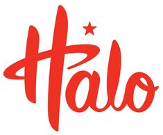 the word halo written in red ink on a white background, with stars above it