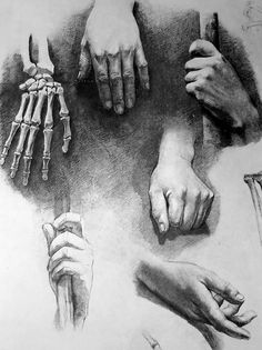 two hands and three bones are shown in this black and white drawing by an artist