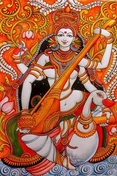 Goddess Saraswathi depicted in Kerala mural style. Painting Of Goddess, Radha Kishan, Mysore Painting, Indian Traditional Paintings, Mural Art Design, Mural Paintings, Goddess Saraswati