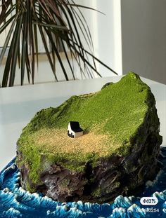 a rock covered in green moss sitting on top of a blue and white table cloth