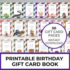 the printable birthday gift card book is shown with an image of different items on it