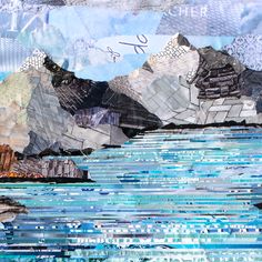 an abstract painting with mountains and water in the foreground, surrounded by blue tiles