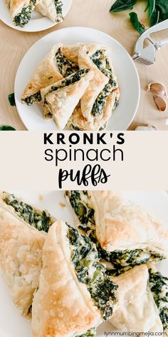 spinach puffs on a white plate with text overlay reading kronk's spinach puffs