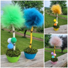 three pictures of different colored pom poms on top of cupcakes with grass in them