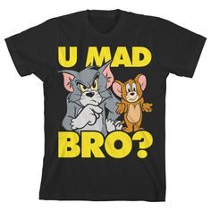 You'll have no reason to be mad when you wear this youth black graphic tee! The "U Mad Bro?" tee features a big, colorful graphic that has been professionally printed to ensure long-lasting print quality. The Tom & Jerry fan apparel is black, and has short sleeves for comfort and style in any weather. The classic cartoon characters apparel is made of 100% preshrunk cotton jersey. It can be machine washed in cold water with like colors, then tumble dried for easy care. As an officially licensed p U Mad, Black Graphic Tee, Classic Cartoon Characters, Tom Jerry, Black Graphic Tees, Tom And Jerry, Classic Cartoons, Cartoon Characters, Graphic Tee