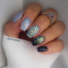 Winter Boho Nails, January Nail Ideas Blue, Dark Teal Nail Ideas, Fairy Inspired Nails, Hanukkah Nails, Purple Glitter Nails, Cheetah Print Nails, Navy Nails, Boho Nails