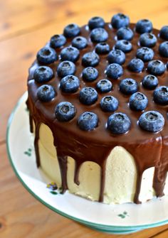 a cake with chocolate frosting and blueberries on top sits on a plate, ready to be eaten