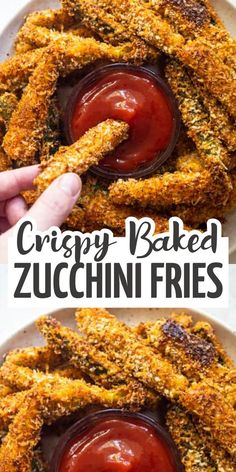 crispy baked zucchini fries on a plate with ketchup in the middle