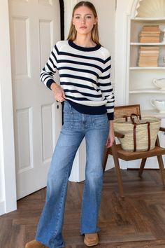 Organic cotton, Breton stripe sweater - wardrobe essential always good to have. Organic cotton Raglan style sweater Standard sleeve length Model is wearing a size small Hand wash and lay flat to dry Made in LA XS: Bust 36", Length 20 3/4" S: Bust 38", Length 21" M: Bust 40", Length 21 1/4" L: Bust 42", Length 21 1/2" Cotton Sweater With Striped Hem For Winter, Cotton Sweater With Striped Hem For Fall, Long Sleeve Sweater With Contrast Stripes For Work, Relaxed Fit Sweater With Contrast Stripes For Spring, Striped Cotton Sweater For Fall, Long Sleeve Striped Sweater For Work, White Striped Hem Sweater For Fall, Spring Relaxed Fit Sweater With Contrast Stripes, Fall Workwear Sweater With Striped Hem