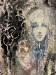 an abstract painting of a woman with flowers in her hair and another drawing of a tree behind her