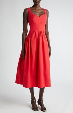 Crisp cotton poplin achieves maximum volume on the gathered skirt of this striking midi dress sculpted with a fitted bodice and sweetheart neckline. 48" length (size 42) Hidden back-zip closure Sweetheart neck Sleeveless Unlined 100% cotton Dry clean Made in Italy Designer Clothing