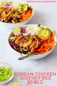 Coconut Rice Dinner, Rice Bowls With Cabbage, Coconut Rice And Chicken Recipe, Asian Chicken Bowl Recipe, Cold Rice Bowls For Lunch, Korean Rice Bowl Chicken, Korean Chicken Bowls, Coconut Chicken Rice Bowl, Chicken Korean Bowl