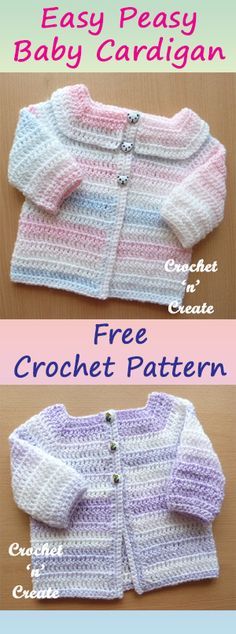 two crocheted baby sweaters with text that says easy peasy baby cardigan