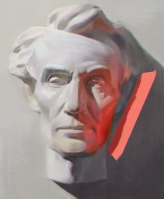 a painting of a man's face with red and white stripes on his neck