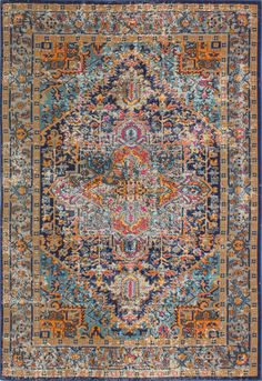 an orange, blue and yellow rug with ornate designs on the bottom half of it