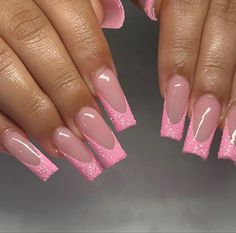 Glittery Acrylic Nails, Pink Tip Nails, Hoco Nails, Hippie Nails, Glittery Nails, Girly Acrylic Nails, French Tip Acrylic Nails, Pink French