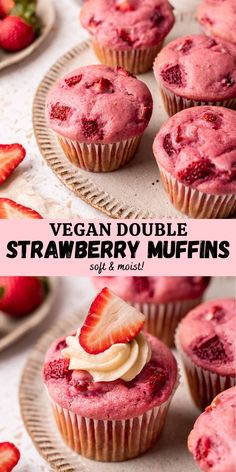 strawberry muffins with whipped cream and fresh strawberries on the side, in separate images