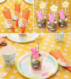 the table is set up with carrots and cupcakes for an easter bunny party