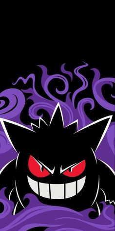 an evil looking black cat with red eyes and fangs on it's face, in front of purple swirls