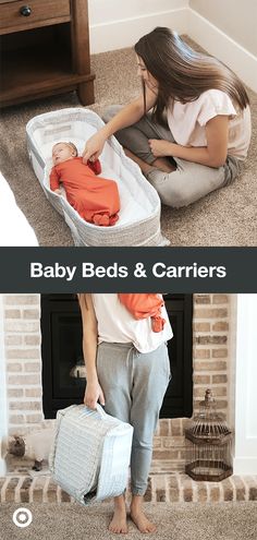 a woman sitting on the floor holding a baby bed and carrying a suitcase with it