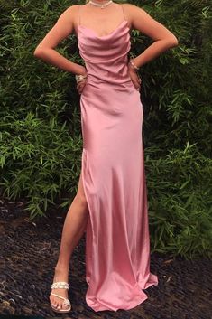 Pink Prom Dresses Sexy Mermaid Cowl Neck Spaghetti Straps Prom Dress Simple Prom Dress Long, Spaghetti Strap Prom Dress, Pink Prom, Long Prom Dresses, Purple Satin, Pink Prom Dresses, Satin Color, Stretch Satin, Halter Style