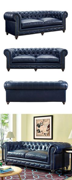 three different types of blue leather couches