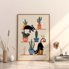 a cat is sitting on a shelf in front of potted plants and cacti