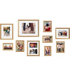 a group of pictures hanging on the wall with people and dogs around them in gold frames