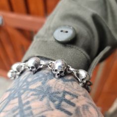 Skull Bracelet Sterling Silver skull bracelet chain - Etsy 日本 Gothic Stainless Steel Skull Bracelets, Edgy Skull Metal Bracelets, Gothic Skull Print Bracelets As Gift, Edgy Metal Skull Bracelets, Halloween Punk Skull Bracelets, Edgy Skull-shaped Metal Bracelets, Halloween Skull Bracelets With Skull Print, Silver Skull Bracelets In Punk Style, Punk Silver Skull Bracelets