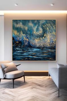 Ocean wave abstract: Original handmade painting featuring crashing blue and gold waves against a stormy sky Wave Abstract, Artwork On Canvas, Crashing Waves, Acrylic Artwork, Canvas Decor, Ocean Wave, Ocean Art, Unique Wall Art, Ocean Waves