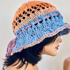 I Designed And Hand Knitted This Cotton Brim Hat, Beanie, Cap. Ombr Coral / Orange And Blue In Lace And Solid Combination Style. Bottom Of The Hat Has A Braided Tie Going Through That Allows You To Adjust Fit As Desired. Great Spring & Summer Trendy Cotton Slouch Hat! Designed And Hand Knitted In California, Usa. See All Of My Original Designs Four Seasons Trendy Quality Hand Knits Listed Under “ Hand Knits 2 Love” In My Boutique: Poshmark.Com/Closet/Soheyla Blue Knitted Hat For Spring, Blue Knitted Beach Hat, Blue One-size Spring Crochet Hat, Spring Festival Blue Crochet Hat, Blue Hand Knitted Hats For Spring, Blue Crochet Hat For Summer, One Size, Blue Crochet Hat One Size For Summer, Blue Crochet Hat For Summer, Adjustable Blue Hand Knitted Hat