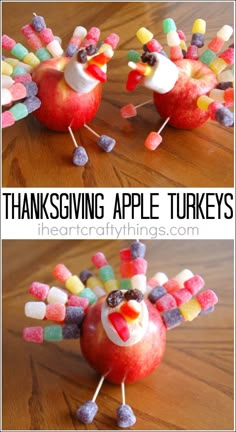 an apple turkey made out of candy and marshmallows is shown with the words thanksgiving