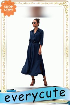 Navy Blue Button Down Split Maxi Shirt Dress Collared Maxi Dress With Buttons For Day Out, Chic Collared Maxi Dress With Buttons, Chic Shirt Dress With Roll-up Sleeves For Office, Blue Midi Dress With Button Closure For Day Out, Formal Button-up Maxi Dress, Formal Summer Button-up Shirt Dress, Spring Blue Shirt Dress With Button Closure, Collared Maxi Dress With Buttons, Casual Button-up Midi Dress For Office