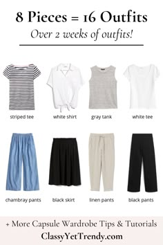 8 Pieces = 16 Outfits: French Minimalist Carry-On Travel Capsule Wardrobe - Classy Yet Trendy These 8 pieces in The French Minimalist Capsule Wardrobe: Summer 2019 Collection will make 16 outfits outfit idea! You can pack these items in a carry-on suitcase for your next vacation and wear a different outfit for over 2 weeks. #traveltips #travelhacks #traveloutfit #packinglist #capsulewardrobe #outfitoftheday #outfitideas #vacationoutfits #packingtips Travel Outfits Minimalist, European Travel Capsule Wardrobe, Artistic Summer Outfits, Active Travel Outfits, 7 Day Travel Capsule Wardrobe, Germany Travel Outfits Summer, Comfortable Spring Outfits, Carry On Outfits, Weekend Travel Outfits